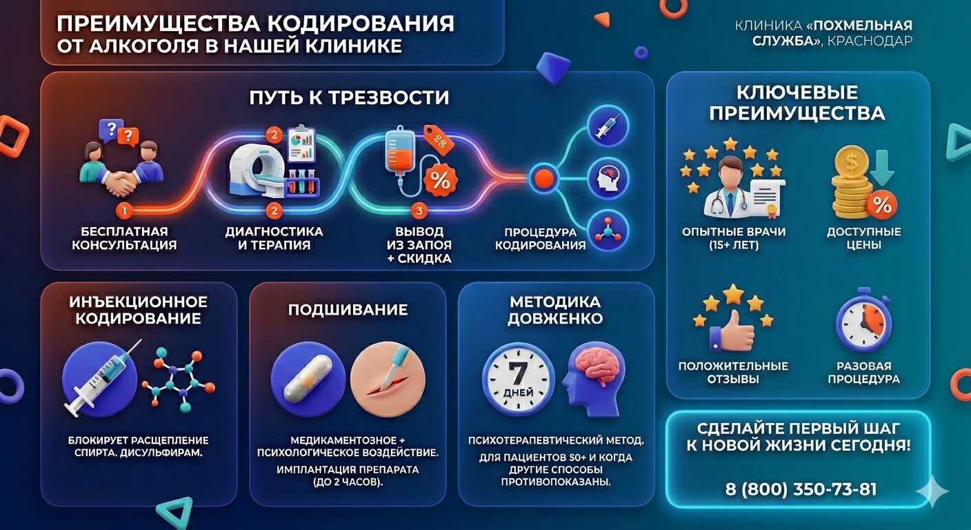 Инфографика о методах кодирования от алкоголя в СЗАО Москвы: инъекции, подшивание, метод Довженко. Преимущества клиники и этапы лечения.
